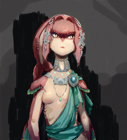 arm_fin breasts eye_markings featureless_breasts female fin flesh_hair gills head_accessory head_tail jewelry looking_aside markings multicolored_body multicolored_skin neck_accessory necklace neutral_expression red_body red_skin shawl shoulder_fins simple_background small_breasts solo torso_gills two_tone_body two_tone_skin white_body white_skin yellow_eyes ruffu nintendo the_legend_of_zelda marine zora digital_media_(artwork) digital_painting_(artwork) half-length_portrait painting_(artwork) portrait