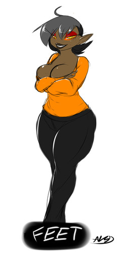 big_breasts black_bottomwear black_clothing black_hair black_pants bottomwear breasts brown_body brown_lips brown_skin clothing female grey_hair hair lips looking_at_viewer orange_sclera pants pointy_ears solo sweater thick_thighs topwear yellow_eyes averyshadydolphin rene_(renegayde) humanoid 2015 hi_res signature unavailable_at_source