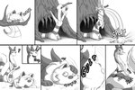 2016 ambiguous_gender belly big_belly branch comic dialogue digestion duo english_text exclamation_point eyes_closed falling fan_character female feral fleurette fur furret gasp generation_1_pokemon generation_2_pokemon hand_on_belly hi_res mankey monochrome neck_bulge nintendo open_mouth oral_vore paws plant pokemon pokemon_(species) question_mark sleeping smile text tongue tree vore yawn ziravore