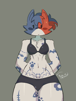 anthro bra clothing female solo tattoo underwear sinnerbuns epic_games fortnite cate_meowdy calico_cat domestic_cat felid feline felis mammal absurd_res hi_res