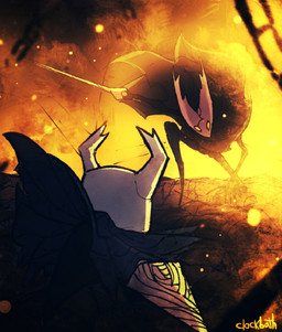 2_horns ambiguous_gender battle biped black_body chain cloak clothed clothing duo fighting_pose fingers holding_melee_weapon holding_object holding_weapon horn looking_at_another melee_weapon nail_(weapon) orange_eyes orange_text pose text weapon theclockbath hollow_knight_(franchise) team_cherry hollow_knight_(character) the_knight_(hollow_knight) arthropod infected_(species) vessel_(species) 2025 artist_name english_text hi_res sibling_(lore)