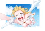 5_fingers blue_sky bodily_fluids breasts clothing collarbone feathered_wings feathers female fingers flying hair nipples open_mouth sky solo tears teeth tongue wardrobe_malfunction white_body white_clothing white_feathers wings taowaitao kono_yuusha_ga_ore_tueee_kuse_ni_shinchou_sugiru ristarte humanoid winged_humanoid hi_res