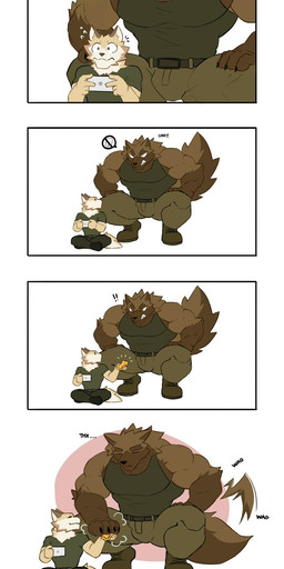 5_fingers anthro belt_buckle biceps big_muscles black_claws bottomwear brown_body brown_countershading brown_eyebrows brown_fur buckle cellphone claws closed_smile clothed clothed_anthro clothed_male clothing countershade_face countershade_neck countershade_tail countershade_torso countershading crouching dialogue dot_eyes duo electronics eye_contact eyebrows finger_claws fingers food footwear fully_clothed fully_clothed_anthro fully_clothed_male fur furrowed_eyebrows green_bottomwear green_clothing green_footwear green_pants green_shirt green_shoes green_tank_top green_topwear growling hands_on_legs hands_on_own_legs hands_on_own_thighs hands_on_thighs holding_cellphone holding_object holding_phone holding_smartphone looking_at_another looking_at_cellphone looking_at_object looking_at_phone male mouth_closed muscular muscular_anthro muscular_male offering_food onomatopoeia pants patreon_logo patreon_username phone reverse_countershading shirt shoes simple_background simple_eyes sitting smartphone smile sound_effects surprised tail tail_motion tailwag tan_body tan_fur tank_top text topwear white_background white_body white_fur white_sclera wide_eyed yellow_eyes wolfblack43 patreon than-wa_(wolfblack43) canid canine canis domestic_dog mammal 2025 artist_name comic digital_drawing_(artwork) digital_media_(artwork) hi_res