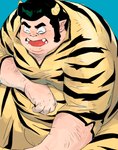 belly big_belly biped blue_background blush clothed clothing eyes_closed horn humanoid_hands kemono male mature_male overweight overweight_male simple_background solo eaka urusei_yatsura lum's_father horned_humanoid humanoid 2022 hi_res