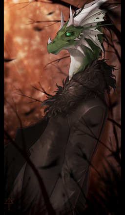anthro autumn clothed clothing green_eyes horn male simple_background solo sunset kredri mythology dragon mythological_creature mythological_scalie scalie absurd_res hi_res portrait
