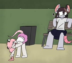 adult_on_young age_difference anthro bedroom_eyes bench bent_over black_body black_bottomwear black_clothing black_eyes black_fur black_nose black_skirt bottomwear brown_ears brown_hair butt clothed clothing crossdressing duo erection erection_under_clothing exclamation_point female fur grey_body grey_clothing grey_ears grey_fur grey_shirt grey_t-shirt grey_topwear hair hand_on_mouth hand_on_own_mouth holding_clothing holding_object holding_underwear laugh loli looking_at_another male male/female mismatched_ears mouse_tail multicolored_body multicolored_fur multicolored_hair narrowed_eyes no_underwear on_bench one_eye_closed one_eye_half-closed outside park park_bench pink_bottomwear pink_clothing pink_eyes pink_hair pink_nose pink_skirt pink_tail pink_underwear presenting presenting_hindquarters public seductive shirt sitting sitting_on_bench size_difference skirt t-shirt tail three-quarter_view topwear trash_can two_tone_body two_tone_fur two_tone_hair underwear vest white_body white_clothing white_fur white_topwear white_vest young young_anthro young_female lightningb0lt01 meru_(atinydom) american_opossum mammal marsupial mouse murid murine rodent 2025 absurd_res digital_media_(artwork) hi_res signature