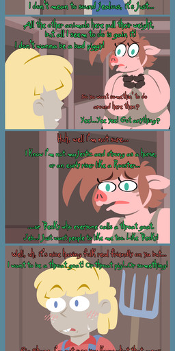 anthro blonde_hair blue_eyes blush blush_lines buckteeth clothing duo eye_bags farm farmer freckled_face freckles hair male male/male overalls overweight pink_body pink_skin pitchfork red_hair shirt tank_top teal_eyes teeth text tools topwear shane_frost domestic_pig human mammal suid suine sus_(pig) absurd_res comic english_text hi_res