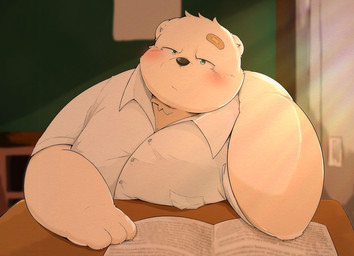anthro band-aid bandage blush book classroom clothing inside kemono male overweight overweight_anthro overweight_male school shirt sitting solo topwear kwzu bear mammal 2020 hi_res