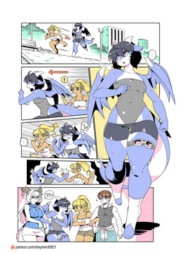 2_horns anthro arm_wrestling biped blonde_hair blue_body bodily_fluids bottomwear breasts clothed clothing female female/female front_view group hair horn legband male male/female membrane_(anatomy) membranous_wings miniskirt racing running shorts side_view skirt speech_bubble sweat tail text thighband wings shepherd0821 mythology dragon human mammal mythological_creature mythological_scalie scalie comic hi_res url