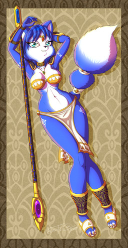 3_toes anthro armor arms_above_head biped black_nose blue_body blue_eyes blue_fur blue_hair border bottomwear bra breasts choker claws cleavage clothed clothing feet female footwear fur greaves hair jewelry krystal's_staff loincloth looking_at_viewer lying melee_weapon navel necklace on_back pattern_background pauldron pendant polearm sandals shoes short_hair simple_background skimpy smile solo staff teeth toe_claws toes underwear vambrace weapon white_body white_fur wide_hips scificat nintendo star_fox krystal_(star_fox) canid canine fox mammal 2014 hi_res