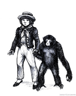 black_body black_fur boater_hat bottomwear clothed clothing feral footwear freckles fully_clothed fur hand_holding hat headgear headwear jacket kerchief not_furry pants shoes simple_background standing text topwear victorian_clothing wearing_hat white_background leona-florianova master_and_commander:_the_far_side_of_the_world cassandra_the_gibbon josiah_randall ape gibbon haplorhine human mammal primate artist_name black_and_white english_description hi_res monochrome story story_in_description