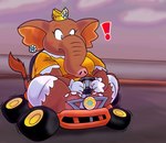 bald blush blush_lines crown driving ear_piercing ear_ring exclamation_point female headgear kart motion_lines piercing ring_piercing road sky solo surprised_expression vehicle chaosimp2006 mario_bros mario_kart mario_kart_world nintendo elephant_daisy elephant elephantid mammal proboscidean absurd_res hi_res