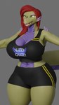 anthro black_clothing blue_clothing bottomwear breasts clothing fangs female green_body green_scales green_tail hair multicolored_body multicolored_scales open_mouth purple_body purple_scales purple_tail red_hair scales solo tail teeth thick_thighs topwear two_tone_body two_tone_scales two_tone_tail white_clothing wide_hips yellow_clothing yellow_eyes lizzyglizzy juna_june_(lizzyglizzy) komodo_dragon lizard monitor_lizard reptile scalie 2023 3d_(artwork) artist_name digital_media_(artwork) watermark female_(lore)