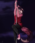 anthro barefoot clothing dancing feet femboy fishnet_clothing fluffy fluffy_tail hair leggings legwear long_hair looking_at_viewer male night nightclub pole pole_dancing red_clothing smile smoke solo tail sheenie mingu canid canine fox mammal 4:5 absurd_res digital_media_(artwork) hi_res portrait three-quarter_portrait