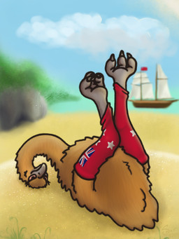 ambiguous_gender avian_feet beach brown_body brown_feathers clothing cloud feathers feet feral footwear footwear_only legwear long_neck lying mostly_nude new_zealand_flag on_back pattern_clothing pattern_legwear pattern_socks red_clothing red_footwear red_socks sailing_watercraft sand sea ship socks socks_only solo talons toes vehicle water watercraft sner avian bird moa_(bird) ratite recently_extinct_species 3:4 female_(lore)