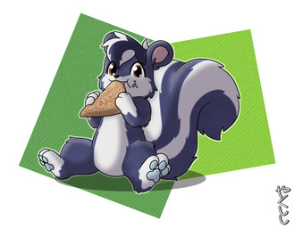 apple_pastry big_tail blue_pawpads brown_eyes eating feral fluffy fluffy_tail food food_on_cheek glistening glistening_eyes pawpads round_ears simple_background sitting snaggle_tooth solo spread_legs spreading tail conditional_dnp yakukitsu yaku_(yakukitsu) domestic_cat felid feline felis hybrid mammal mephitid skunk signature