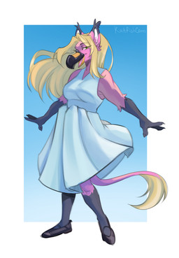 anthro beak biped black_clothing black_footwear black_shoes blonde_hair breasts claws clothed clothed_anthro clothed_female clothing female fingers flats_(shoes) footwear front_view hair long_hair looking_at_viewer mary_janes medium_breasts non-mammal_breasts open_beak open_mouth shoes simple_background smile solo standing tail tail_tuft tongue tuft katfishcom avian bird flamingo 2026 colored colored_sketch digital_drawing_(artwork) digital_media_(artwork) hi_res shaded sketch