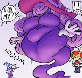 belly big_breasts big_hat blue_clothing blue_overalls breasts brown_clothing brown_footwear brown_shoes clothing curly_hair female footwear fungus ghost_tail gloves group growth hair hair_over_eye handwear hat headgear headwear huge_breasts lips long_hair long_nose macro male mega_mushroom mushroom nipple_outline overalls pink_hair pointy_nose purple_body purple_skin red_clothing red_hat red_headwear red_shirt red_topwear rosy_cheeks shirt shoes slightly_chubby slightly_chubby_female topwear trio two_tone_hat white_clothing white_gloves white_handwear white_hat white_headwear wide_eyed witch_hat yellow_lips crawdadblues mario_bros nintendo paper_mario beldam_(mario) mario vivian_(mario) ghost human mammal shadow_siren spirit 2024 digital_media_(artwork) trans_(lore) trans_woman_(lore)