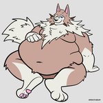 3_toes 5_fingers anthro belly big_belly blue_eyes bodily_fluids feet fingers fluffy fur grey_background hand_on_belly huge_belly leaning leaning_backward leaning_on_arm looking_at_belly looking_down looking_down_at_self love_handles male multicolored_body multicolored_fur navel neck_tuft nude one_eye_closed overweight overweight_anthro overweight_male pawpads pink_inner_ear pink_pawpads simple_background sitting solo sweat sweatdrop tan_body tan_fur toes tuft twitter_handle two_tone_body two_tone_fur mindof nintendo pokemon canid canine generation_7_pokemon lycanroc mammal midday_lycanroc pokemon_(species) 1:1 absurd_res hi_res