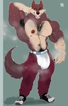 abs anthro areola armpit_hair barazoku biceps big_bulge big_muscles bodily_fluids body_hair border bottomwear bulge chest_hair claws clothed clothing deltoids detailed_bulge dripping eyebrows fangs footwear fur genital_fluids green_background grey_border hair hand_behind_head happy_trail huge_bulge huge_muscles looking_at_viewer male manly muscular muscular_anthro muscular_male musk musk_clouds narrowed_eyes navel nipples obliques pants pecs precum precum_through_clothing precum_through_underwear pubes sabertooth_(anatomy) shadow shoes simple_background smile solo standing sweat teeth thick_arms topless topless_anthro topless_male tuft underwear unzipped vein wet wet_clothing zipper sharf hank_howell_(piti_yindee) canid canine canis mammal wolf 2025 hi_res signature