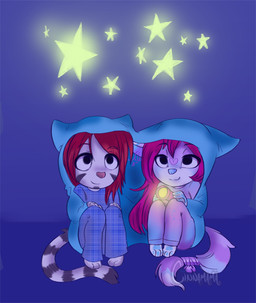 3_fingers 3_toes anthro bedding blanket blue_nose clothed clothing dark duo feet female fingers fur glowing grey_body grey_fur hair heart_symbol long_hair looking_up male markings night pink_body pink_fur pink_nose purple_hair red_hair sitting smile star striped_body striped_fur stripes tail tail_wraps toes torch wraps young young_anthro cinnamama neo_(neocloud88h) domestic_cat felid feline felis mammal character_request