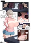 big_breasts breasts clothed clothing dialogue duo female grey_hair hair hair_over_eyes huge_breasts human_only light_body light_skin male not_furry speech_bubble text fake_face_(artist) uzaki-chan_wa_asobitai! yanagi_uzaki human mammal absurd_res comic english_text hi_res