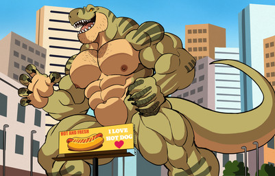 abs anthro biceps big_muscles billboard body_hair building chest_hair city claws convenient_censorship countershade_face countershade_tail countershade_torso countershading deltoids food green_body hot_dog macro male muscular muscular_anthro muscular_male muscular_thighs nipples non-mammal_nipples nude nude_anthro nude_male open_mouth pecs solo standing stubble tail teeth text trapezius darknaigart jace_(darknaig) dinosaur prehistoric_species reptile saurischian scalie theropod tyrannosaurid tyrannosauroid tyrannosaurus tyrannosaurus_rex 2025 english_text hi_res