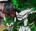 anthro duo forked_tongue fur gold_(metal) gold_jewelry green_body green_eyes green_fur horn jewelry male male/male mawplay mouth_shot necklace open_mouth teeth_showing tongue vore blablasaur raishin comic