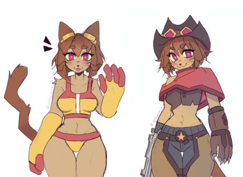 anthro bikini bikini_bralette black_nose blep blush breasts brown_body brown_fur brown_hair chaps clothed clothing cowboy_hat cowboy_outfit crop_top eyewear eyewear_on_head female female_anthro front_view fur gesture gloves goggles goggles_on_head gun gun_arm hair handgun handwear hat headgear headwear looking_at_viewer magenta_eyes medium_breasts midriff navel ranged_weapon revolver shirt short_hair solo standing swimwear tan_body tan_fur tongue tongue_out topwear two-piece_swimsuit waving waving_at_viewer weapon weapon_arm whiskers yellow_bikini yellow_clothing yellow_swimwear softpaws00 gameoverse glitch_productions kit_bodega domestic_cat felid feline felis mammal absurd_res hi_res portrait three-quarter_portrait
