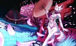 anthro bell breasts bridge cherry_blossom detailed_background female flower looking_at_viewer nipples nude open_mouth outside path plant prunus_(flower) river rock scarf shrine sky smile solo tree umbrella water white_body cocofox canid canine fox mammal