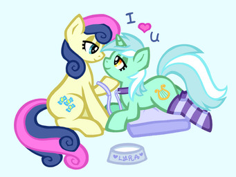 bowl clothing collar container duo eye_contact female female/female feral footwear holding_leash holding_object horn leash legwear looking_at_another love lying on_front pet_bed pet_bowl petting sitting socks thigh_highs catponything friendship_is_magic hasbro my_little_pony mythology bonbon_(mlp) lyra_heartstrings_(mlp) earth_pony equid equine horse mammal mythological_creature mythological_equine pony unicorn absurd_res hi_res