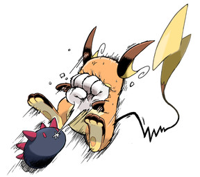 ambiguous_gender attack battle black_body bodily_fluids brown_body duo feet feral fingers long_tail multicolored_body orange_body pain pawpads punch simple_background size_difference spikes sweat tail tan_body toes white_background yellow_inner_ear nintendo pokemon generation_1_pokemon generation_7_pokemon mammal pokemon_(species) pyukumuku raichu rodent hi_res