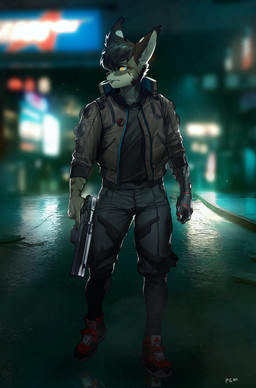 anthro belt bokeh bottomwear cigarette cigarette_in_mouth clothed clothing cybernetic_arm cybernetic_limb cyberpunk detailed_background ear_tuft eyebrows eyelashes footwear fully_clothed gun inner_ear_fluff jacket male object_in_mouth outside pants plantigrade ranged_weapon shirt shoes smoking solo streetwear techwear topwear trigger_discipline tuft weapon yellow_eyes pgm300 cd_projekt_red cyberpunk_2077 felid feline lynx mammal 2022 absurd_res digital_media_(artwork) hi_res shaded