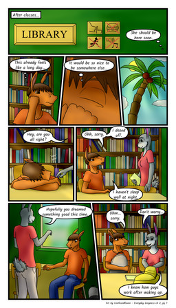 adolescent anthro biped breasts bulge clothed clothing detailed_bulge dialogue duo embarrassed erection erection_under_clothing falling_asleep female female_anthro genital_outline library male male_anthro penis_outline school sleeping text young confusedraven dave_(confusedraven) mia_(confusedraven) equid equine horse lagomorph leporid mammal rabbit 4:7 absurd_res comic english_text hi_res