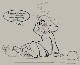 accessory anthro blush blush_lines bottomwear bow_ribbon bread clothed clothed_anthro clothed_female clothing dialogue embarrased_female embarrased_horny embarrassed eyewear female flustered food fully_clothed fully_clothed_anthro fully_clothed_female furgonomics glasses ribbons shorts solo speech_bubble stuttering sweater tail tail_accessory tail_ribbon text topwear wearing_glasses muhny edie_(muhny) mammal mouse murid murine rodent english_text sketch