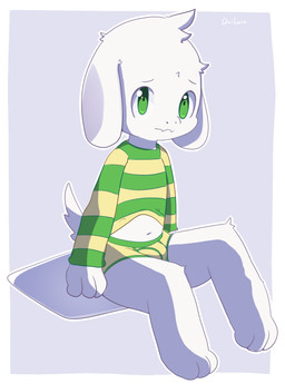 3_toes 4_fingers anthro biped briefs bulge clothed clothing clothing_lift feet fingers fur green_clothing green_eyes green_sweater green_topwear looking_at_viewer male navel pattern_clothing pattern_sweater pattern_topwear shirt shirt_lift simple_background sitting solo striped_clothing striped_sweater striped_topwear stripes sweater toes topwear underwear white_body white_fur young young_anthro quilaru11 undertale undertale_(series) asriel_dreemurr boss_monster_(undertale) bovid caprine goat mammal hi_res