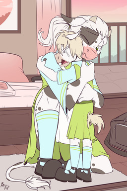 2_horns age_difference anthro bed biped black_clothing black_footwear black_shoes black_spots bodily_fluids bottomwear clothed clothing crossdressing duo eyebrows footwear fur furgonomic_bottomwear furgonomics furniture green_bottomwear green_clothing green_hair green_skirt hair horn hug inside larger_male looking_at_another male markings mottled older_male one_eye_closed open_mouth piebald ponytail shoes short_hair size_difference skirt smaller_male socks spots spotted_body tail tail_tuft tears tongue tuft white_body white_fur white_hair young young_anthro young_male younger_male fuf bovid bovine cattle equid equine horse mammal 2019 2:3 hi_res