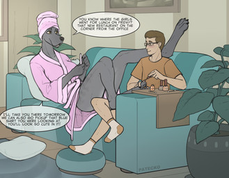 anthro bathrobe blush claws clothed clothing colored_nails duo eyewear female finger_claws footwear fur furniture glasses grey_body grey_fur headgear headwear larger_female male nails pillow plant robe size_difference smaller_male socks sofa text towel towel_on_head conditional_dnp patecko canid canine canis domestic_dog great_dane human humanoid mammal mastiff molosser 2025 english_text hi_res