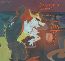 anthro anus big_butt black_body black_fur bodily_fluids book breasts butt camping_tent claws dialogue ear_tuft female fur genital_fluids genitals group inviting_to_sex lamp leg_grab looking_at_viewer lying multicolored_body nipples no_pawpads on_side one_leg_up orange_anus orange_eyes orange_nipples orange_vulva paws pokemorph presenting presenting_hindquarters presenting_vulva raised_leg small_breasts smile smiling_at_viewer solo_focus speech_bubble spread_legs spreading text thick_thighs thigh_grab tuft vaginal_fluids vulva white_body white_fur yellow_body yellow_fur shieshuqqq nintendo pokemon fan_character braixen canid canine fox generation_6_pokemon mammal pokemon_(species) english_text hi_res