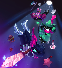 3_fingers 5_fingers angry anthro axe black_body blue_hair bodily_fluids burger cape claws clothing eyewear falling fangs female fingers food footwear fur glasses group hair hat headgear headwear hole_(anatomy) male melee_weapon open_mouth paper potion purple_body purple_hair scarf shoes sweat sword teeth trio wand weapon white_eyes yellow_teeth aphelione deltarune undertale_(series) kris_dreemurr ralsei susie_(deltarune) bovid caprine darkner goat human mammal reptile scalie 2018