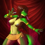 1:1 anthro armlet belly_dancer bracelet breasts circlet clothed clothing dancing female forked_tongue genitals hair jewelry lizard long_hair long_tongue looking_at_viewer navel navel_pendant navel_piercing nipple_chain nipples non-mammal_breasts non-mammal_nipples piercing pussy reptile scalie sh'sthress skimpy solo tongue tongue_out translucent translucent_clothing volkcreed