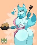 anthro apron apron_only big_breasts big_butt blue_body blue_eyes blue_fur blue_hair blush breasts butt clothed clothing cooking cookware eyewear female food frying_pan fur glasses hair heart_symbol kitchen_utensils lipstick looking_at_viewer makeup mostly_nude pancake partially_clothed rear_view solo spatula tools sudsypup nintendo pokemon eeveelution generation_4_pokemon glaceon pokemon_(species) 2021 5:6 absurd_res digital_drawing_(artwork) digital_media_(artwork) hi_res