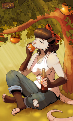 4_toes accessory anthro barefoot beverage big_breasts biped black_body black_ears black_eyebrows black_fur black_hair blue_bottomwear blue_clothing blue_jeans blue_pants bottle bottomwear bow_ribbon breasts cleavage clothed clothed_anthro clothed_female clothing cola container cuffed_jeans day denim denim_bottomwear denim_clothing eating eyebrows eyes_closed feet female female_anthro food fruit fruit_tree fur grass grass_stain grey_body grey_fur hair hair_accessory hair_bow hair_ribbon hairless_tail holding_bottle holding_container holding_food holding_fruit holding_object holding_persimmon jeans light light_beam logo long_hair multicolored_body multicolored_fur outside pants persimmon pink_nose pink_tail pink_tongue plant plantigrade red_bow ribbons shirt sitting snout soda solo sunbeam sunlight tail tank_top teeth toes tongue topwear torn_bottomwear torn_clothing torn_jeans torn_pants tree two_tone_body two_tone_fur white_clothing white_shirt white_tank_top white_topwear posspowered bonnie_vale_(posspowered) american_opossum mammal marsupial virginia_opossum 2026 3:5 absurd_res artist_logo hi_res