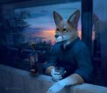 2018 5_fingers anthro beverage bottle canid canine claws clothed clothing container detailed_background fingers fox holding_glass holding_object male mammal plant plant_pot potted_plant signature solo strange-fox whiskers