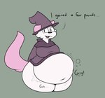 anthro belly big_belly big_breasts bloated blush blush_lines breasts clothing dialogue female hat headgear headwear navel obese overweight raised_tail rumbling_stomach solo sound_effects tail talking_to_viewer thick_thighs weight_gain witch_hat conditional_dnp verdantphysician ava_(verdantphysician) canid canine canis domestic_dog mammal hi_res