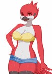 anthro bandeau beak bottomwear breasts clothing denim denim_bottomwear denim_clothing denim_shorts feathers female hand_on_hip looking_at_viewer midriff navel open_beak open_mouth red_body red_eyes red_feathers shorts solo topwear white_body white_feathers shirasiyuki cartoon_network regular_show margaret_smith_(regular_show) avian bird cardinal_(bird) oscine passerine hi_res