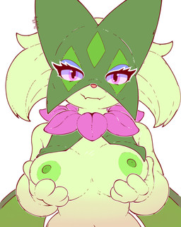 anthro areola big_breasts breast_squish breasts clothed clothing collar exposed_breasts eyebrows eyelashes eyeliner female fur genitals green_areola green_body green_fur green_nipples hair leaf leaf_collar looking_at_viewer makeup mascara nipples nude nude_anthro nude_female pink_nose presenting presenting_breasts simple_background solo squeezing squish sharalythesheep game_freak nintendo pokemon domestic_cat felid feline felis generation_9_pokemon mammal meowscarada pokemon_(species) 4:5 absurd_res digital_media_(artwork) hi_res