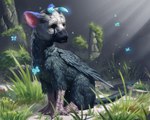 ambiguous_gender bioluminescence feral flower glowing glowing_body grass horn moss outside plant ruin solo wings istrandar the_last_guardian trico_(the_last_guardian) arthropod butterfly insect lepidopteran trico_(species)