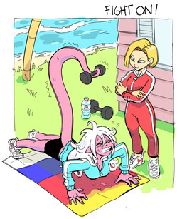 being_watched blonde_hair clothing dumbbell duo ear_piercing ear_ring exercise female footwear grass hair humanoid_pointy_ears long_hair looking_at_another not_furry open_mouth piercing pink_body pink_skin plant pointy_ears ring_piercing shoes teeth text water weights white_hair lewdlemage dragon_ball dragon_ball_fighterz android_18 android_21 majin_android_21 alien alien_humanoid human humanoid majin mammal 5:6 english_text
