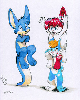 anthro black_nose blue_body blue_ears blue_eyes blue_fur carrying_another featureless_crotch fur group grumpy hair happy male markings mouth_closed nude on_shoulders open_mouth orange_eyes orange_hair pink_nose red_ears red_hair red_markings short_hair sitting standing trio yellow_body yellow_fur young young_anthro young_male pandapaco blooroo kai_(kaibun) robby_bunny kangaroo lagomorph leporid macropod mammal marsupial rabbit hi_res